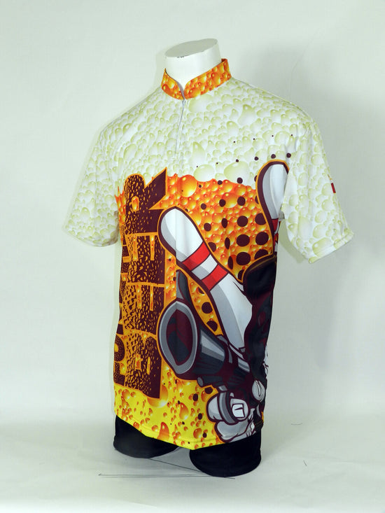 custom bowling button down full sublimation jersey made in Canada, crew neck, zip neck and button neck also available