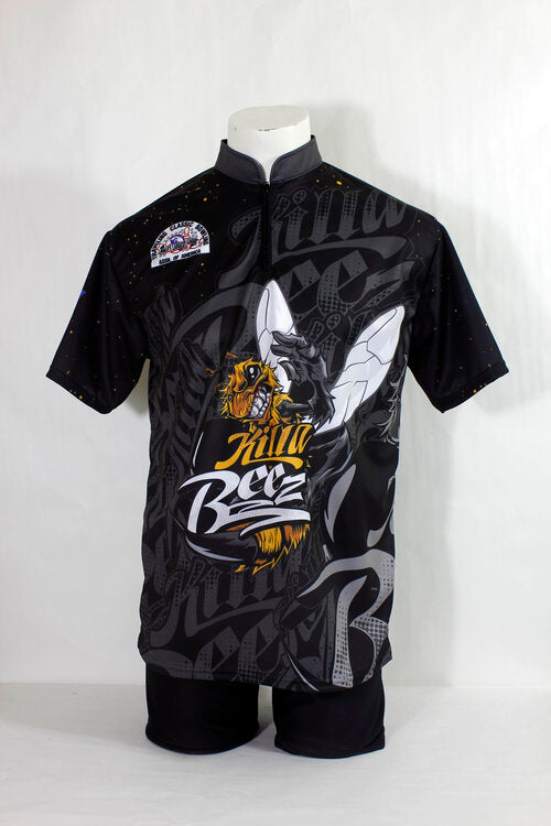 custom bowling button down full sublimation jersey made in Canada, crew neck, zip neck and button neck also available