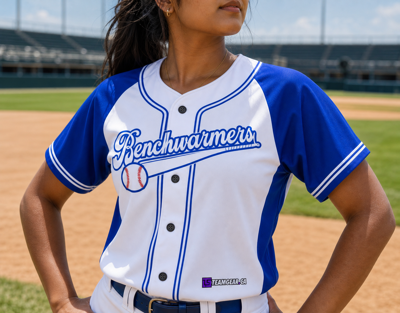 Benchwarmers Blue Baseball Jersey Full Button — custom baseball jersey worn on model — TeamGear Canada