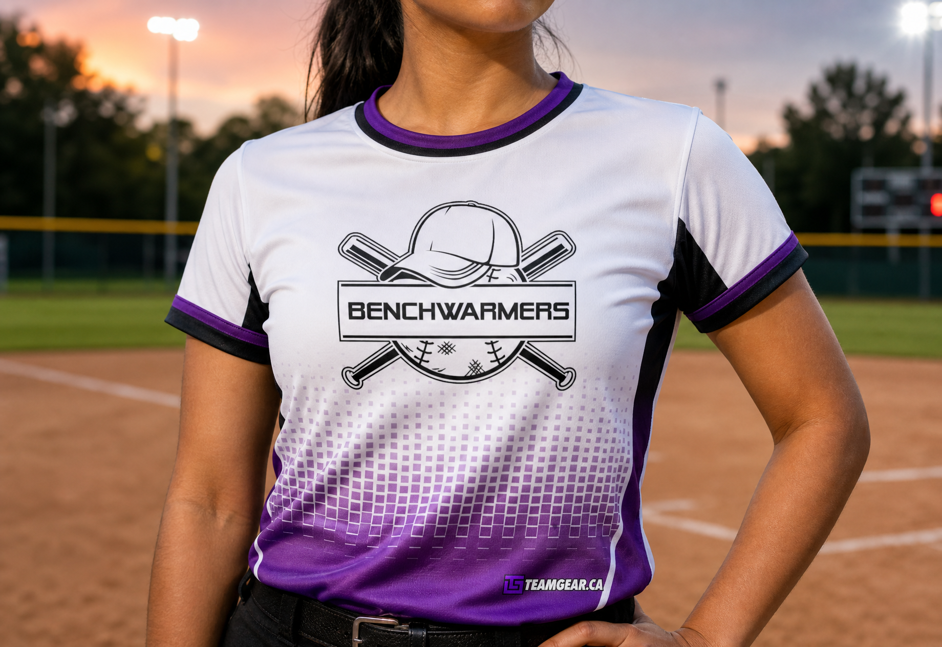 Benchwarmers Purple Softball Jersey — custom softball jersey worn on model — TeamGear Canada