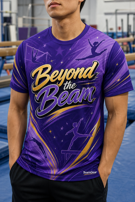 Beyond the Beam Purple Gymnastics Jersey — custom gymnastics jersey worn on model — TeamGear Canada