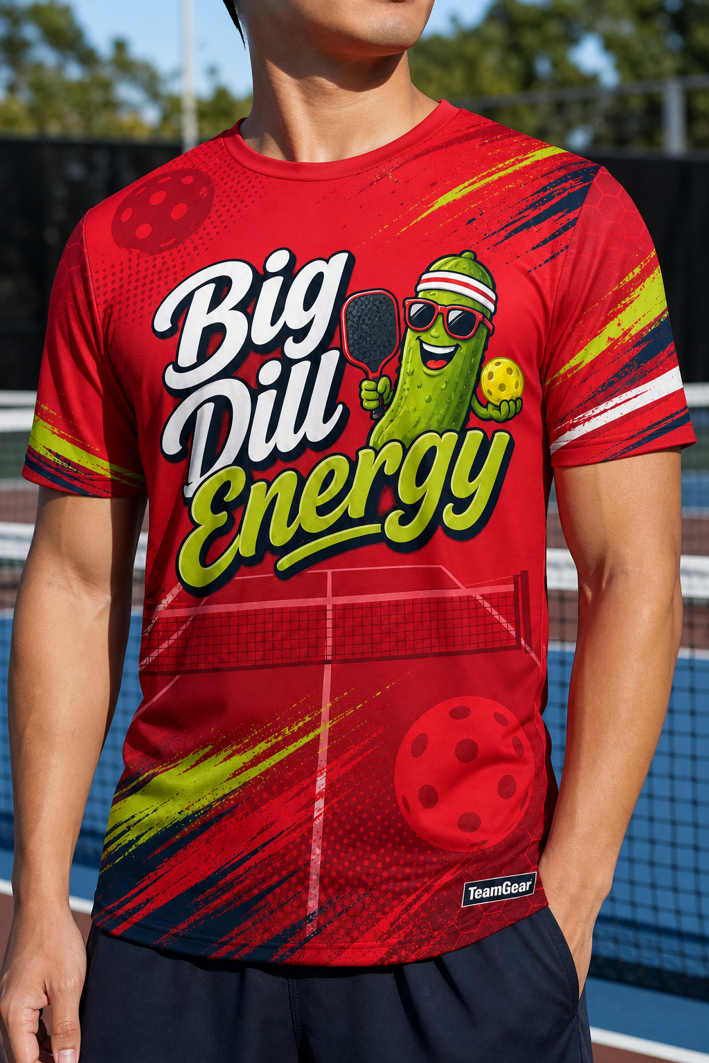 Big Dill Energy Red Pickleball Jersey — custom pickleball jersey worn on model — TeamGear Canada