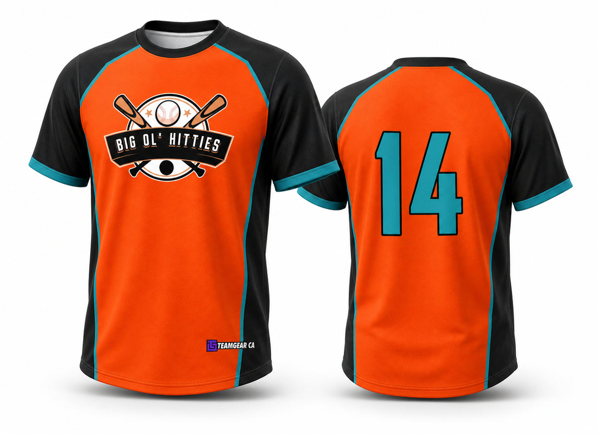 Big Ol Hitties Orange Softball Jersey - front and back view