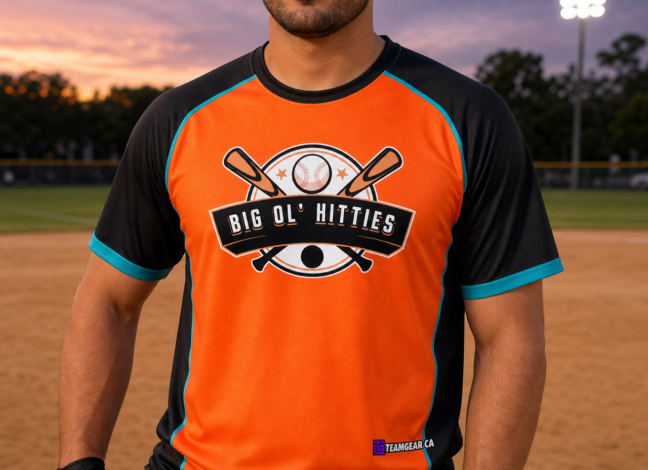 Big Ol Hitties Orange Softball Jersey — custom softball jersey worn on model — TeamGear Canada