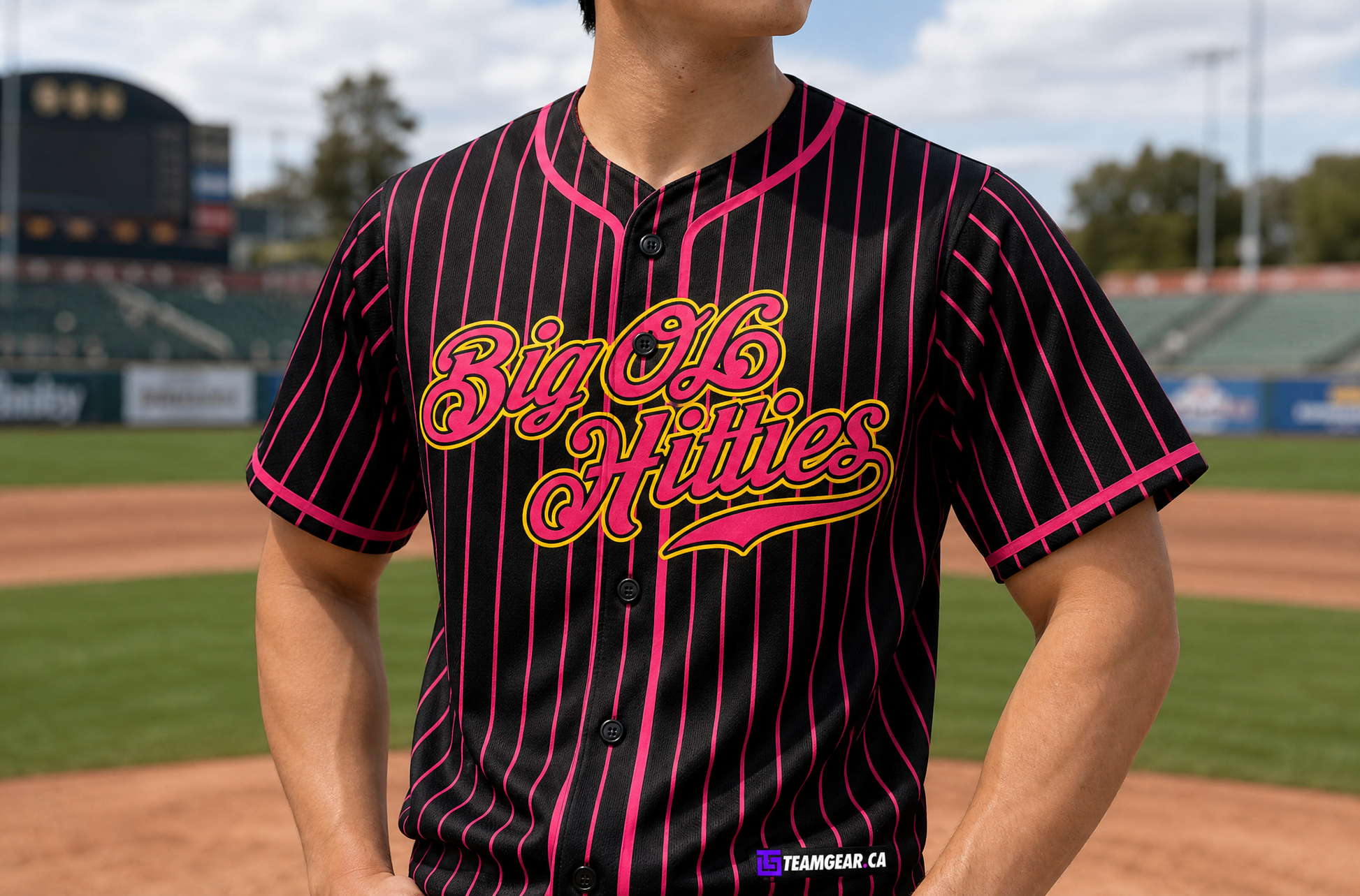Big Ol Hitties Pink Pinstripe Baseball Jersey Full Button — custom baseball jersey worn on model — TeamGear Canada