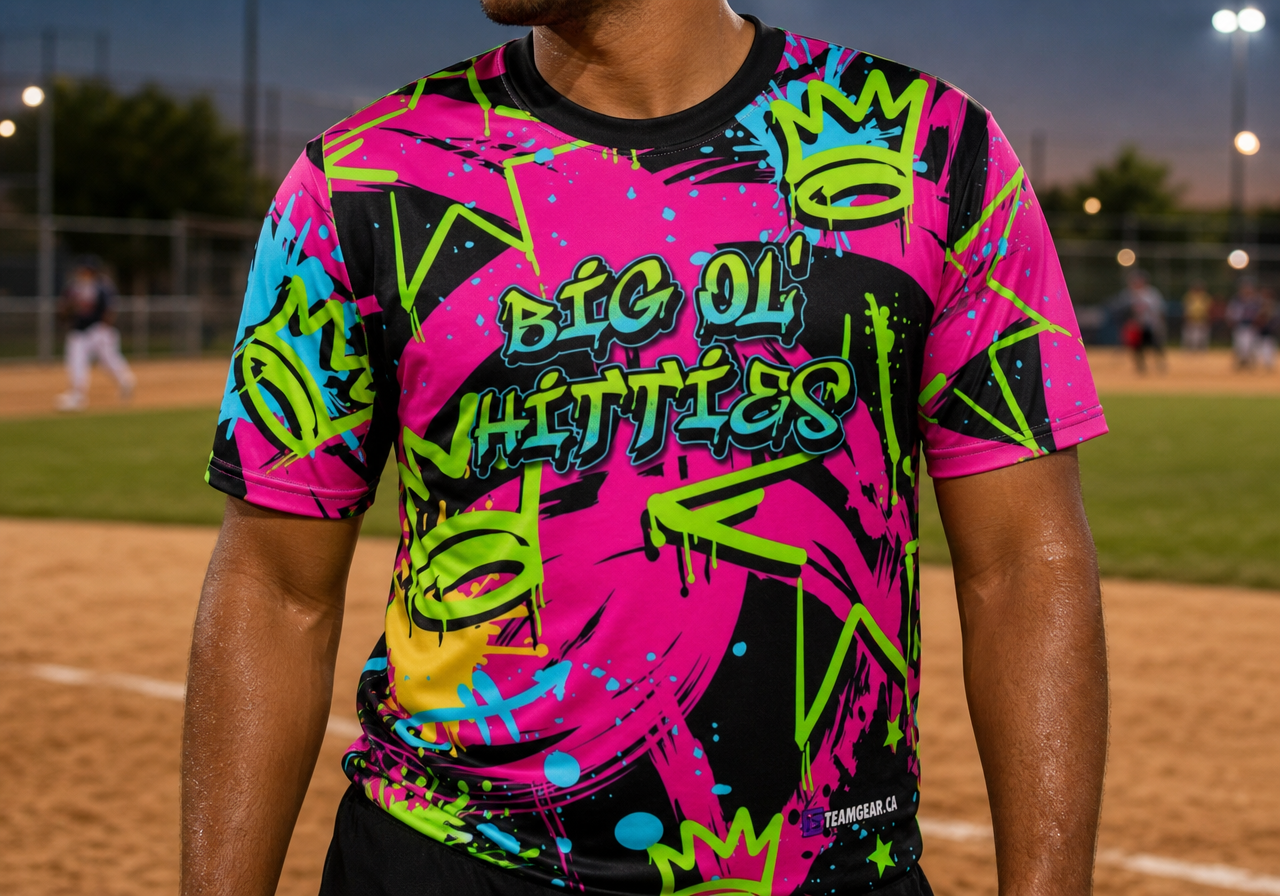 Big Ol Hitties Retro Softball Jersey — custom softball jersey worn on model — TeamGear Canada