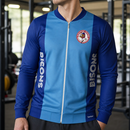 Binbrook Bisons Batting Jacket - Full Zipper — custom jacket worn on model — TeamGear Canada