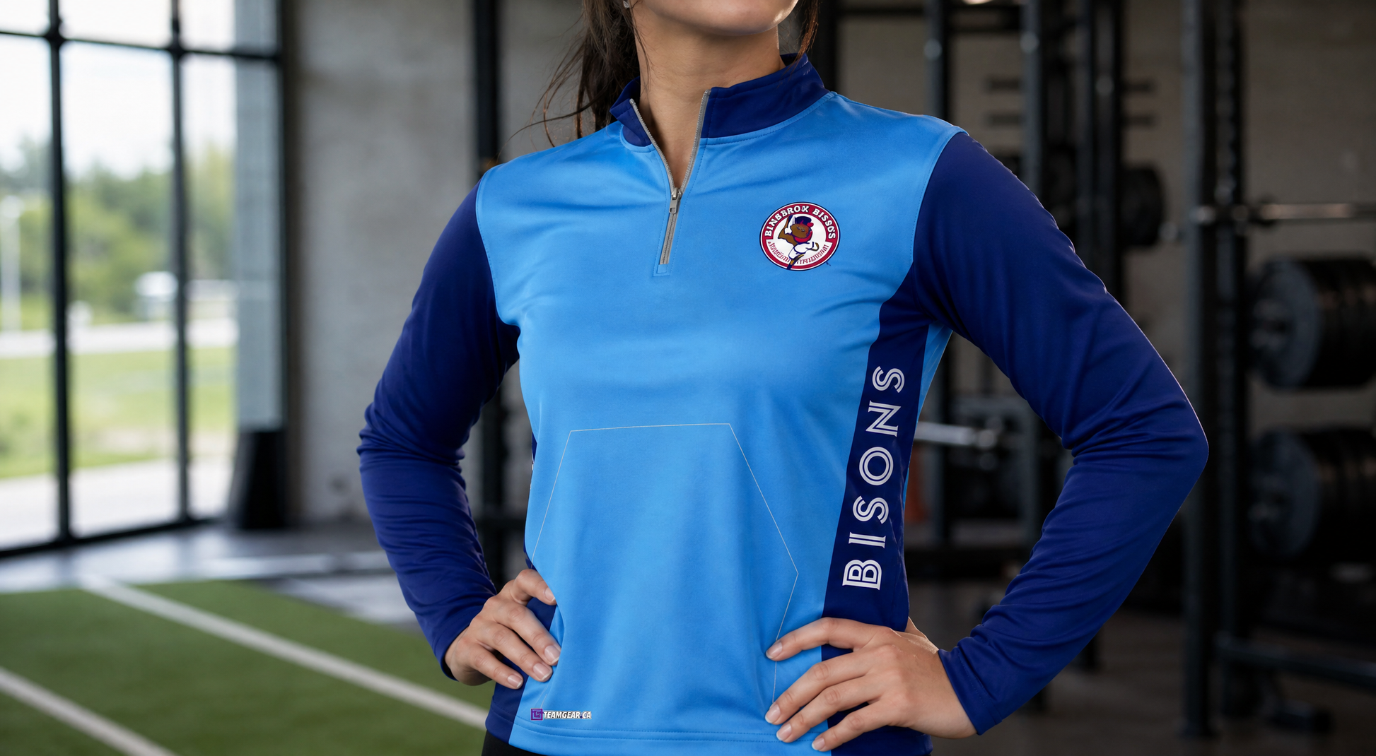 Binbrook Bisons Batting Jacket - Quarter Zipper — custom jacket worn on model — TeamGear Canada