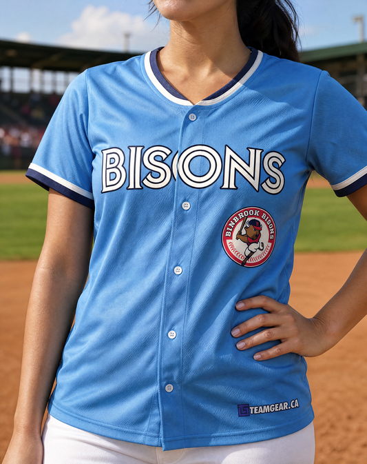 Binbrook Bisons Button-Down Baseball Jersey — custom baseball jersey worn on model — TeamGear Canada