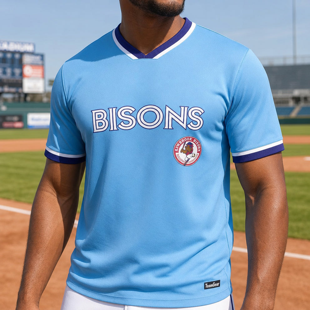 Binbrook Bisons Fully Sublimated Baseball Jersey — custom baseball jersey worn on model — TeamGear Canada