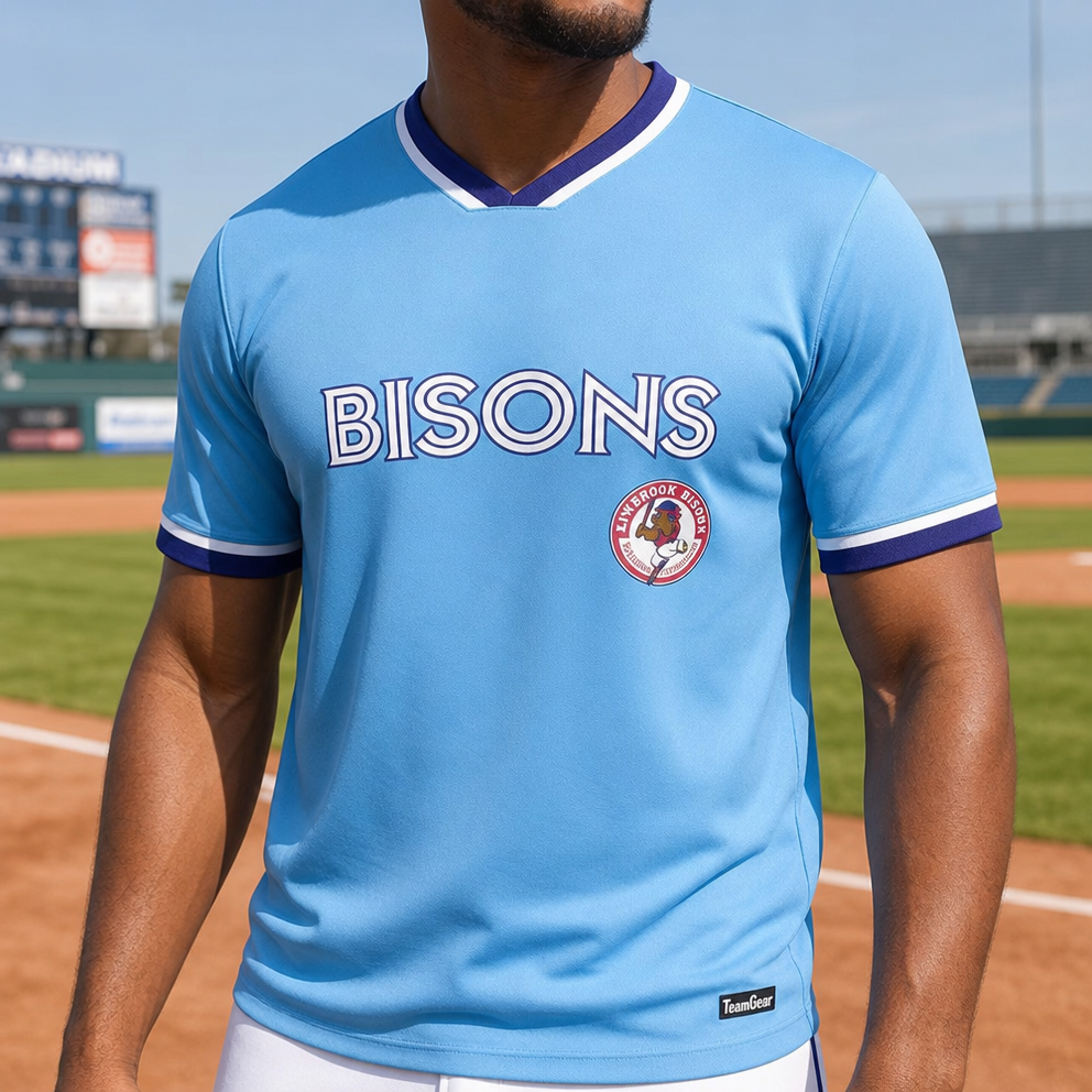 Binbrook Bisons Fully Sublimated Baseball Jersey — custom baseball jersey worn on model — TeamGear Canada