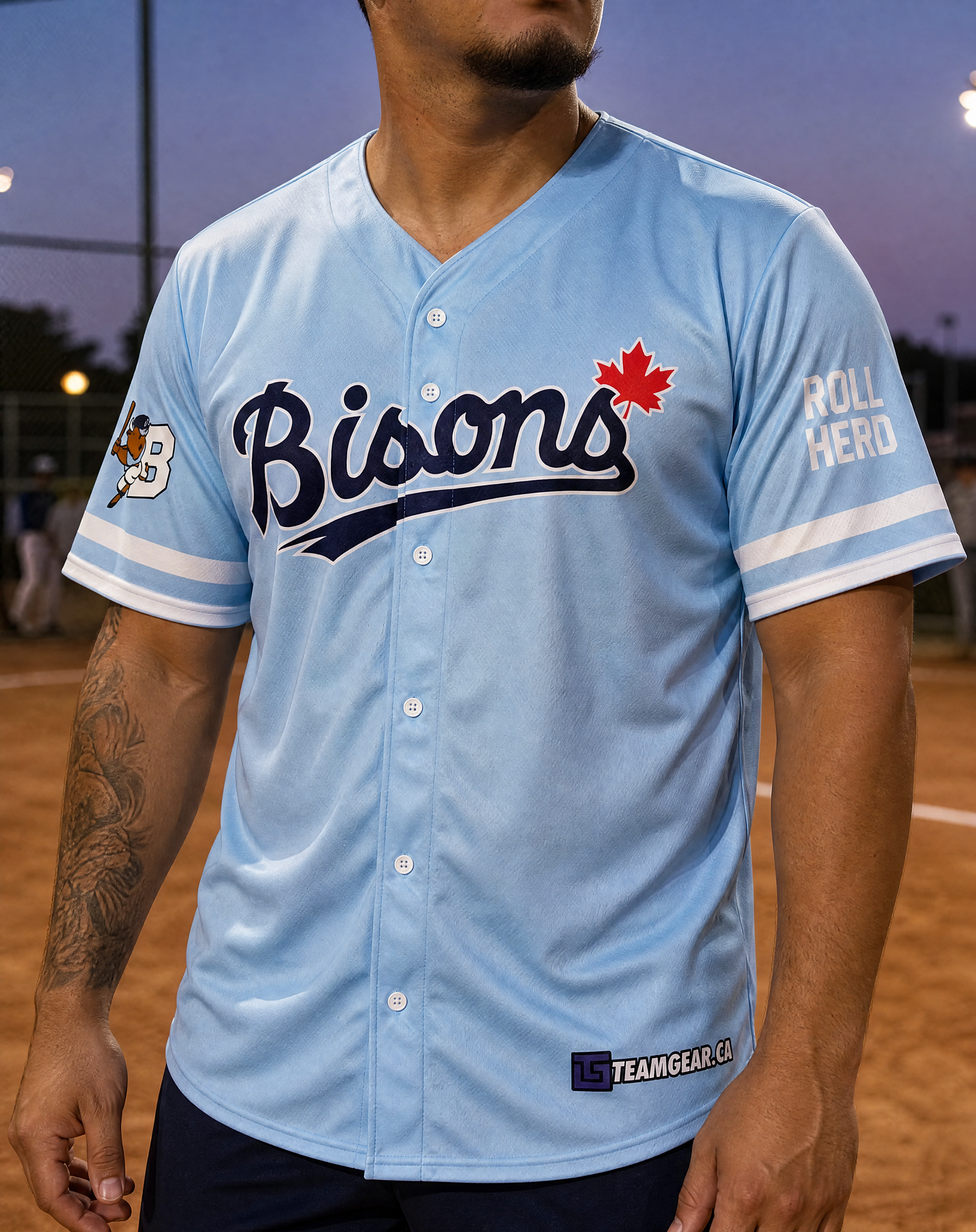 Bisons Slo Pitch Full Button Jersey — custom slopitch jersey worn on model — TeamGear Canada