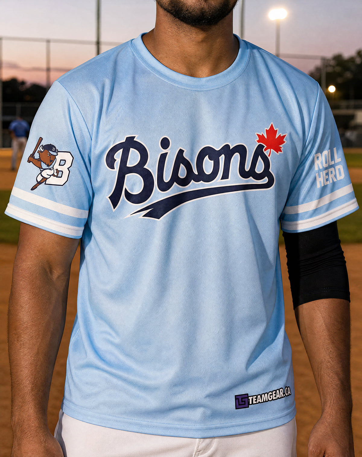 Bisons Slo Pitch Fully Sublimated Crew Neck Jersey — custom slopitch jersey worn on model — TeamGear Canada