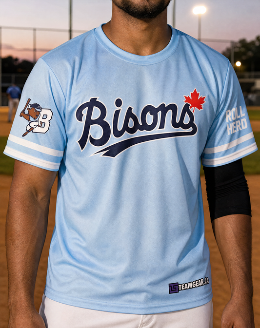 Bisons Slo Pitch Fully Sublimated Crew Neck Jersey — custom slopitch jersey worn on model — TeamGear Canada