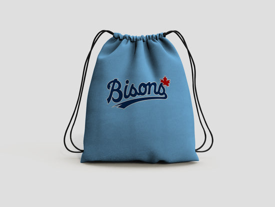 Custom drawstring bag for Bisons Slo-Pitch in baby blue with team logo