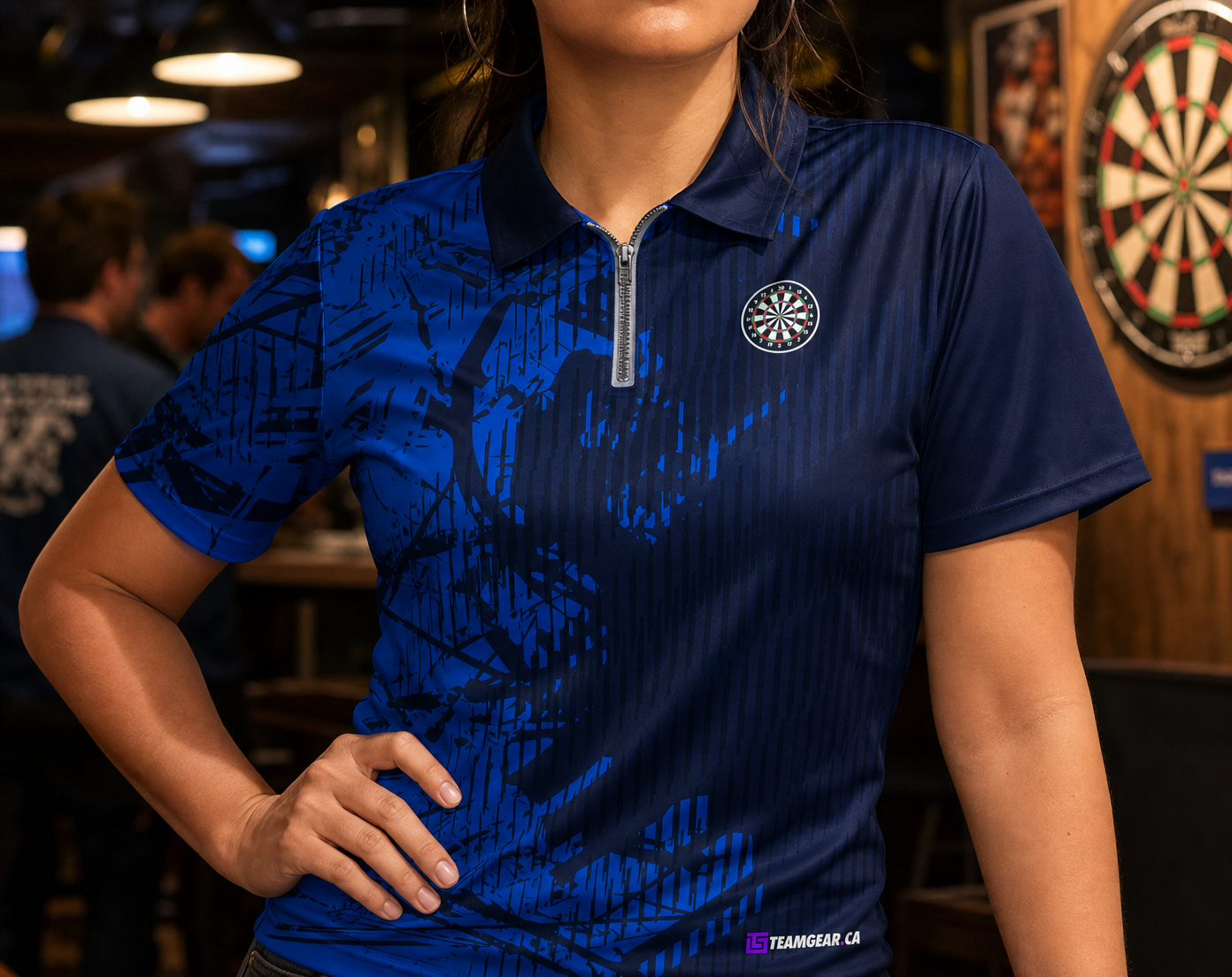 Black and Blue Competitive Darts Jersey — custom darts jersey worn on model — TeamGear Canada