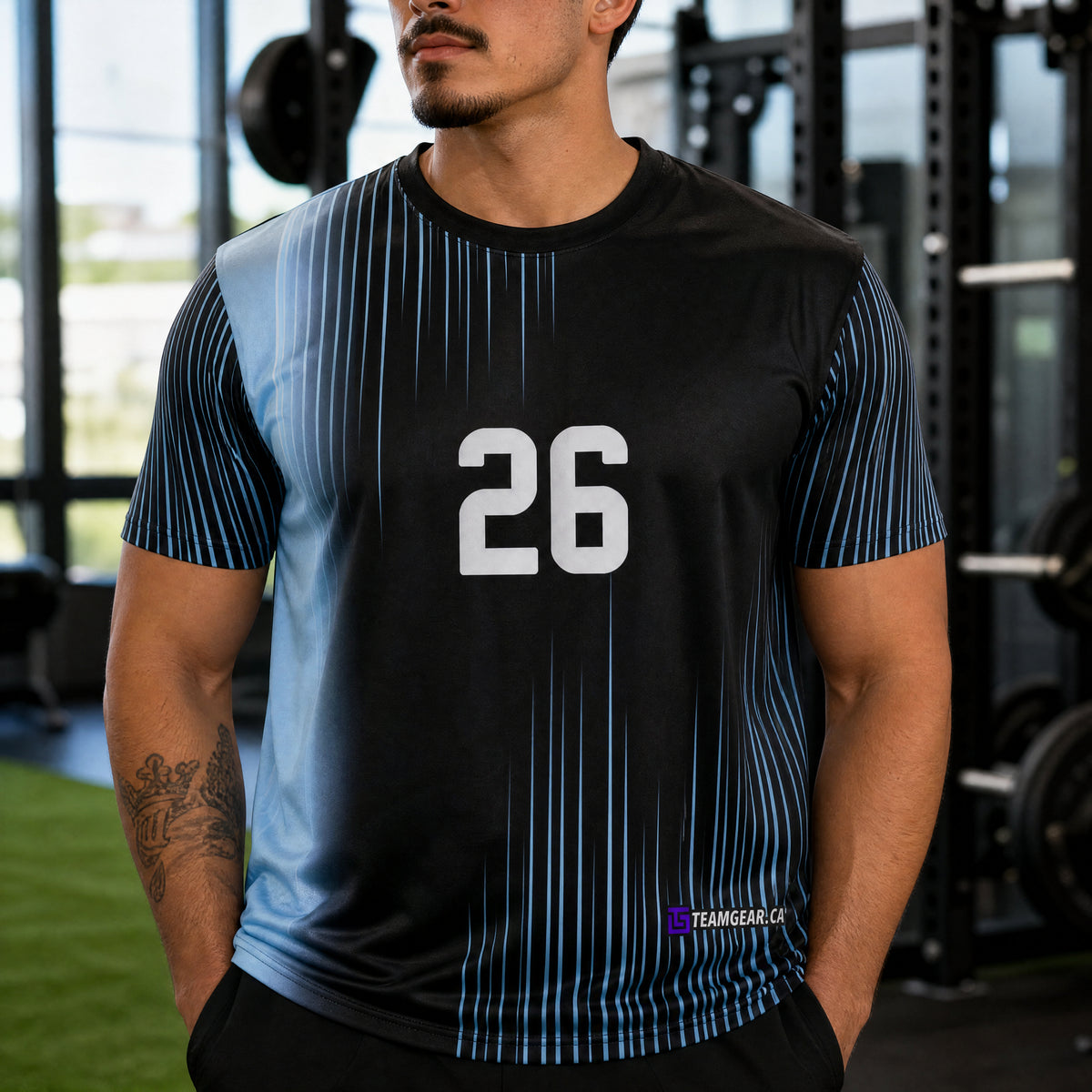 Black and Blue Roller Derby Jersey — custom jersey worn on model — TeamGear Canada