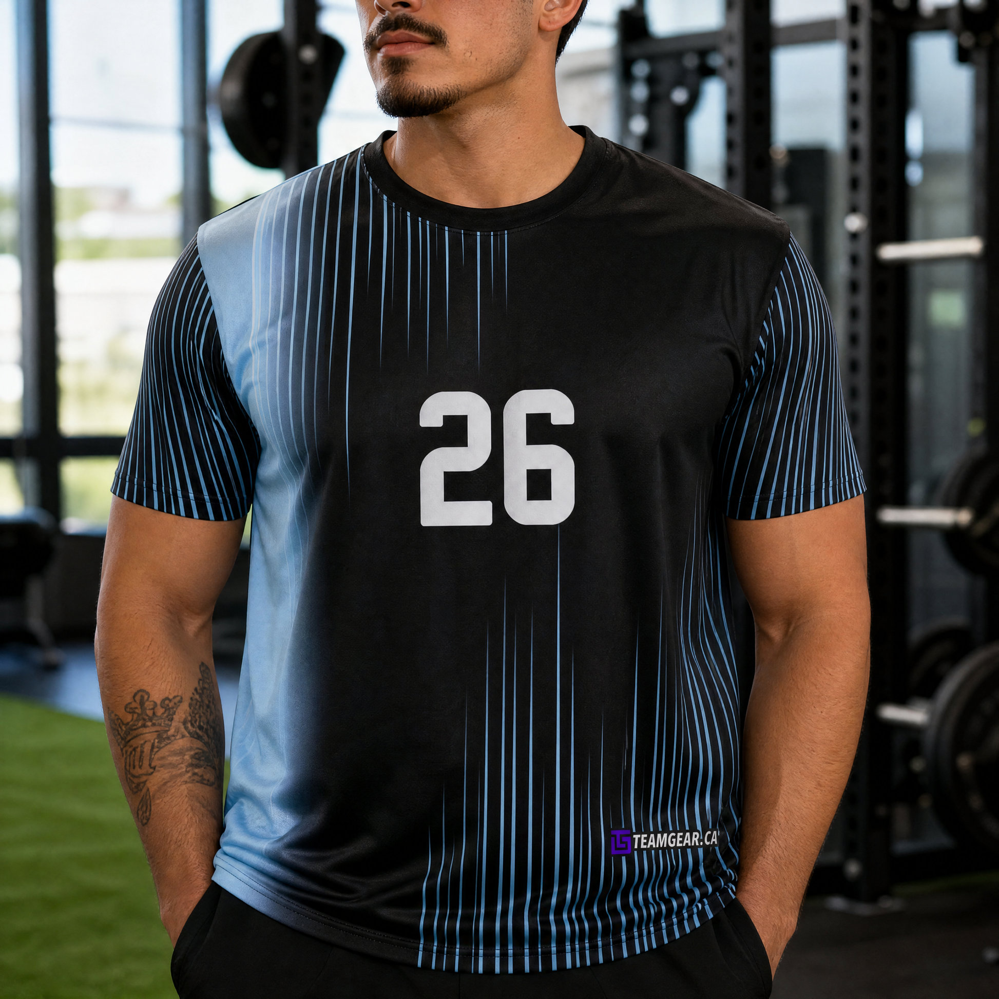 Black and Blue Roller Derby Jersey — custom jersey worn on model — TeamGear Canada