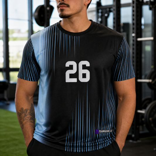 Black and Blue Roller Derby Jersey — custom jersey worn on model — TeamGear Canada