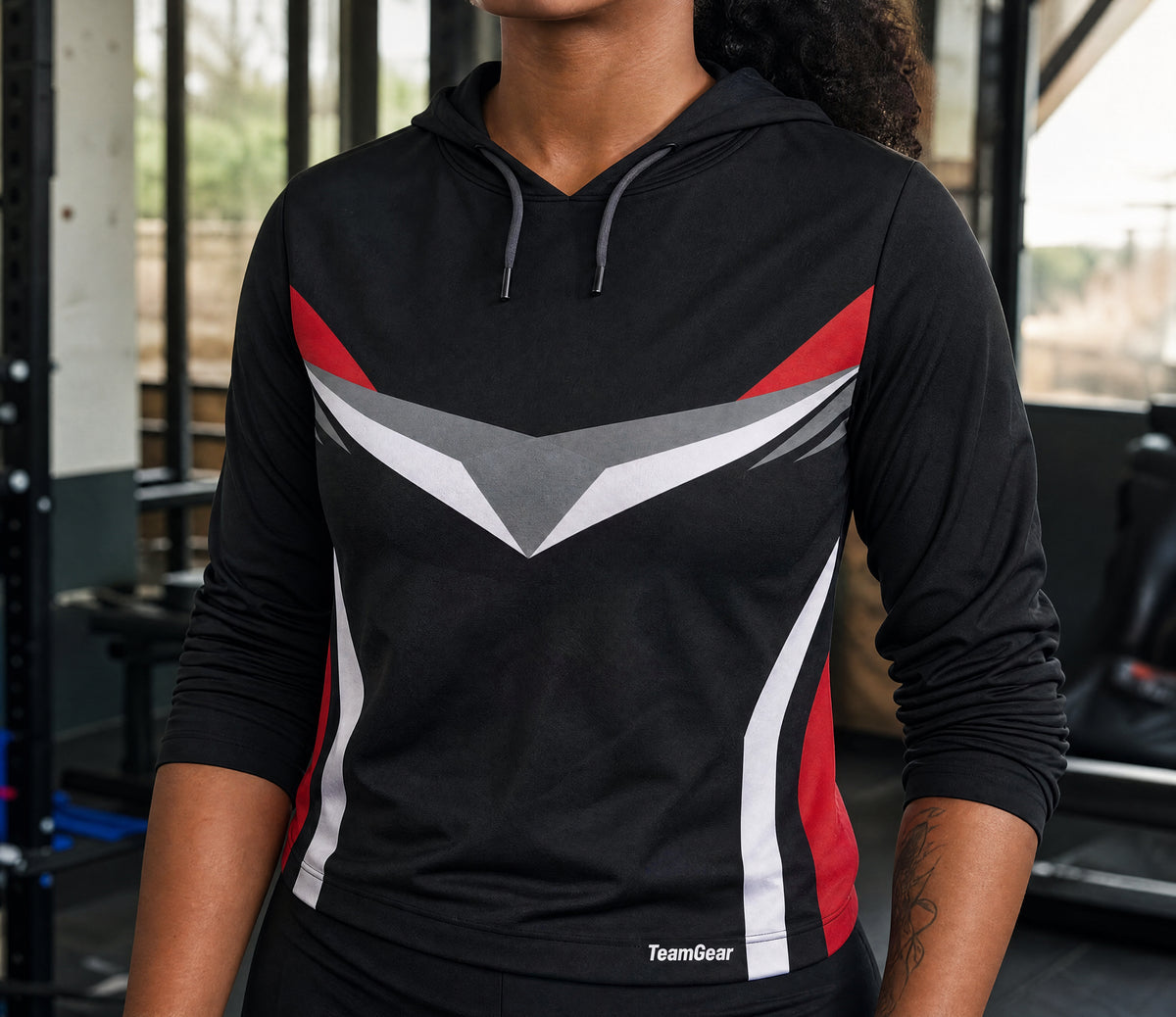 Black and Red Hoodie — custom hoodie worn on model — TeamGear Canada