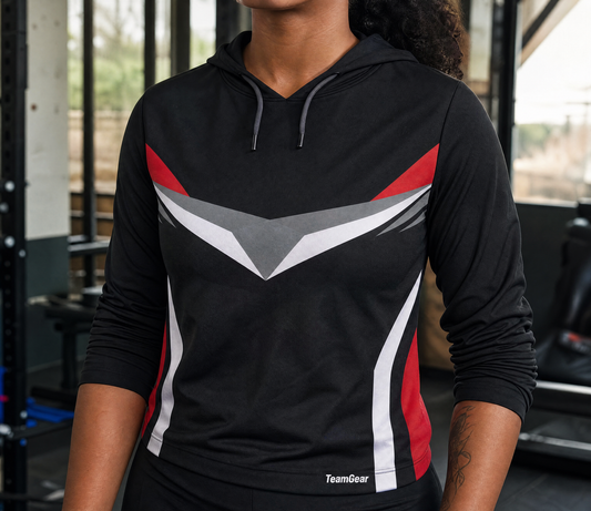 Black and Red Hoodie — custom hoodie worn on model — TeamGear Canada