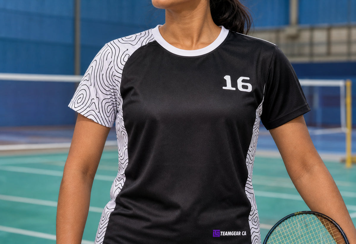 Black and White Badminton Jersey — custom badminton jersey worn on model — TeamGear Canada