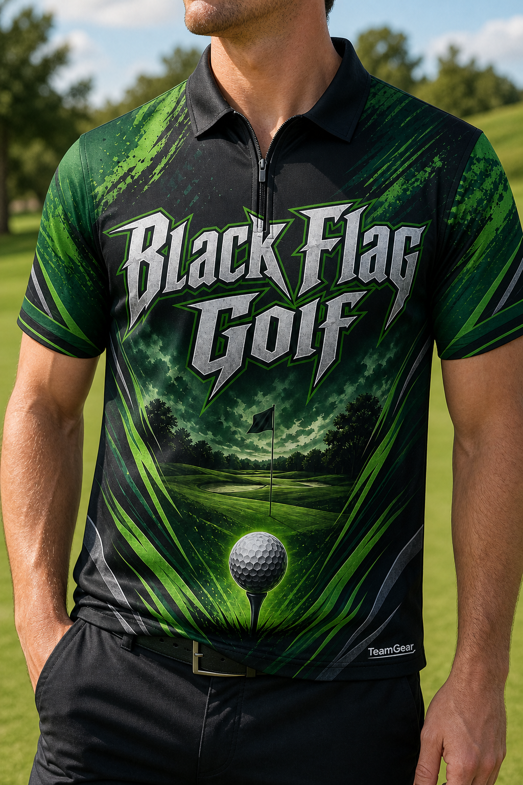 Black Flag Golf Green Golf Polo — custom golf team apparel worn on model — TeamGear Canada