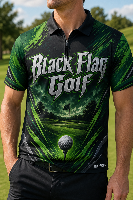 Black Flag Golf Green Golf Polo — custom golf team apparel worn on model — TeamGear Canada