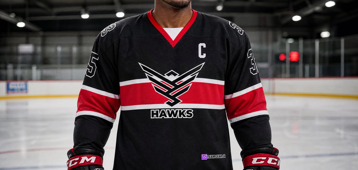 Black Hawks Hockey Jersey — custom hockey jersey worn on model — TeamGear Canada