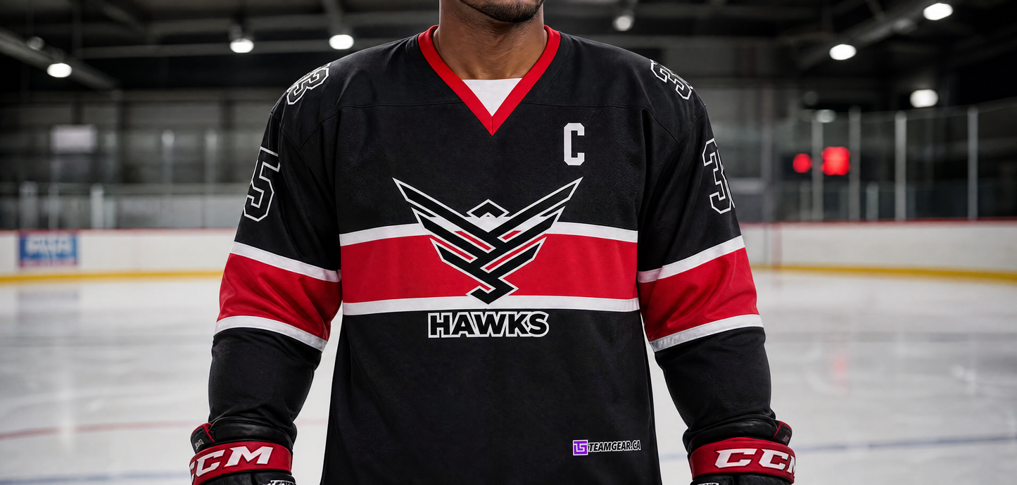 Black Hawks Hockey Jersey — custom hockey jersey worn on model — TeamGear Canada