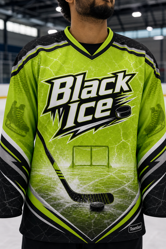 Black Ice Lime Hockey Jersey — custom hockey jersey worn on model — TeamGear Canada