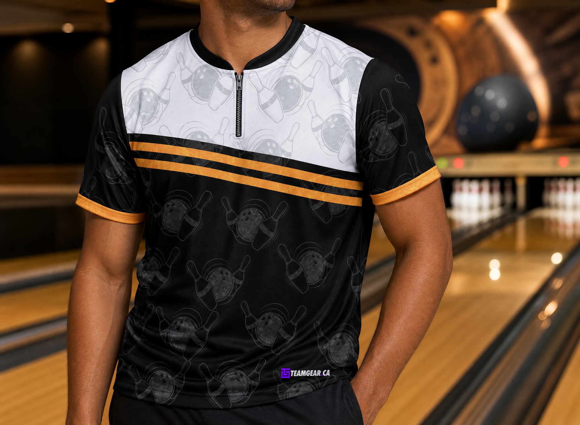 Black Modern Bowling Jersey — custom bowling jersey worn on model — TeamGear Canada
