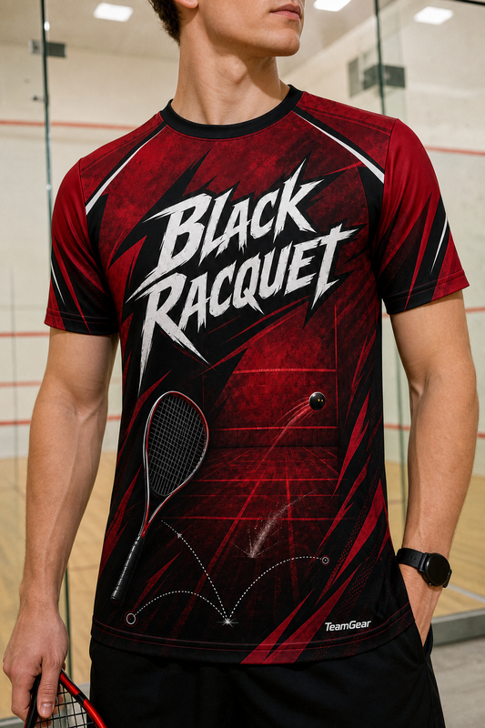 Black Racquet Crimson Squash Jersey — custom squash jersey worn on model — TeamGear Canada