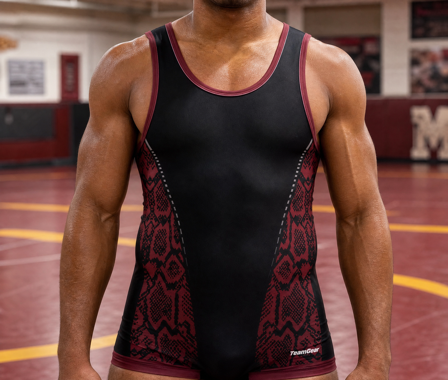 Black Snakeskin Wrestling Singlet — custom wrestling team apparel worn on model — TeamGear Canada