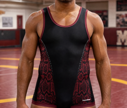 Black Snakeskin Wrestling Singlet — custom wrestling team apparel worn on model — TeamGear Canada