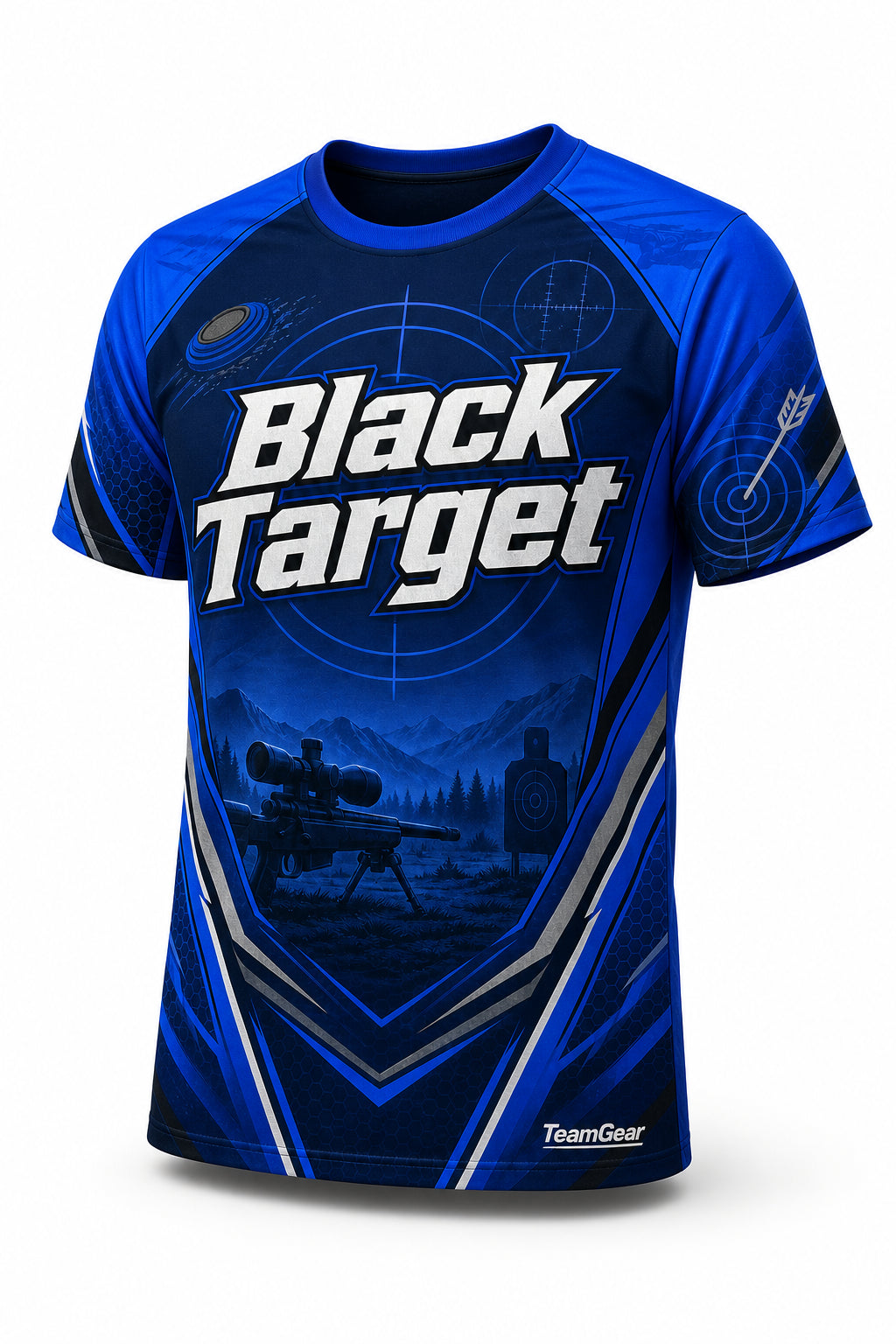 Black Target Blue Shooting Jersey - front and back view