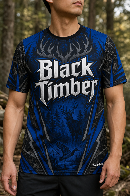 Black Timber Blue Hunting Jersey — custom hunting jersey worn on model — TeamGear Canada