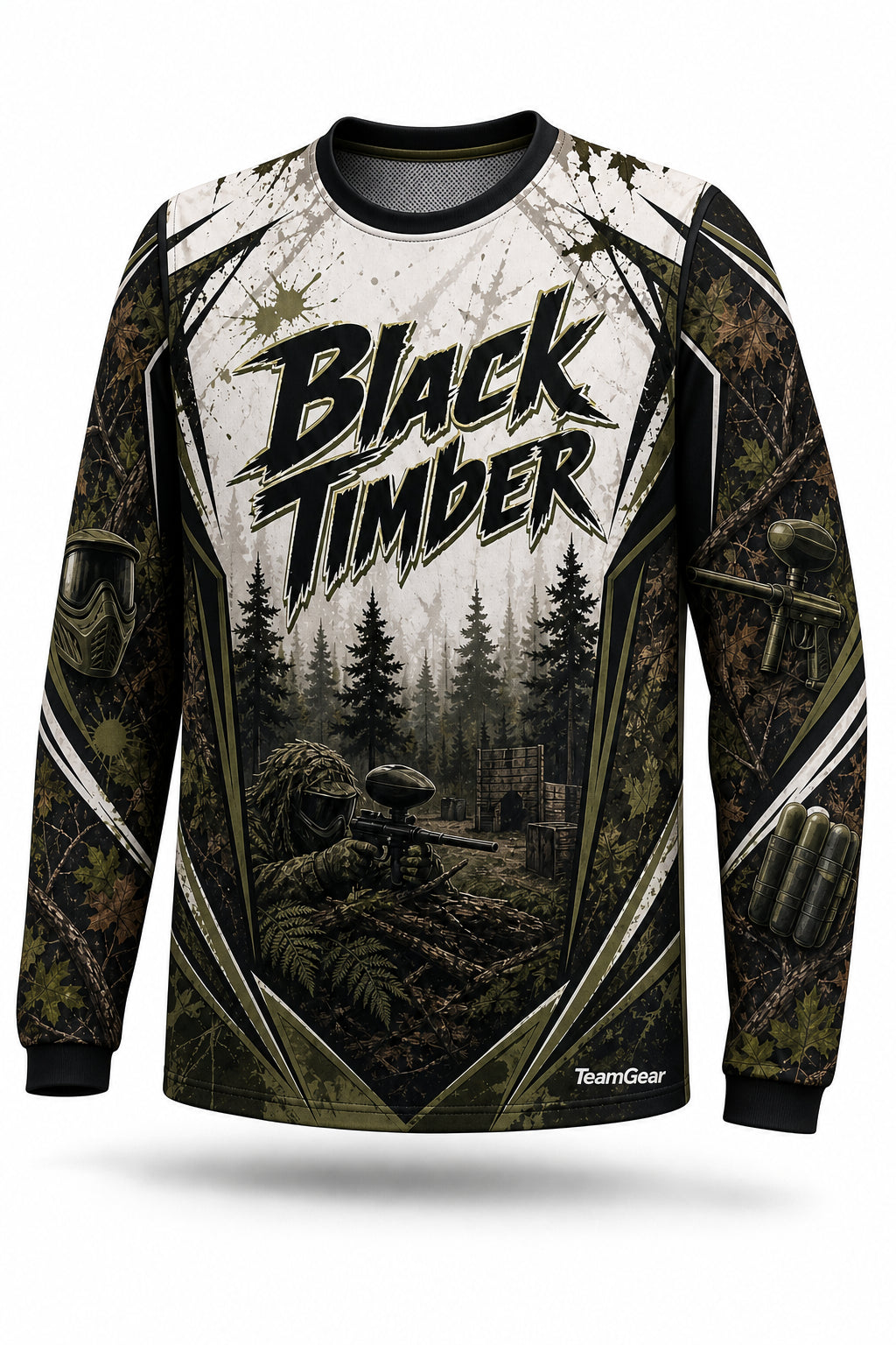 Black Timber White Long Sleeve Paintball Jersey - front and back view