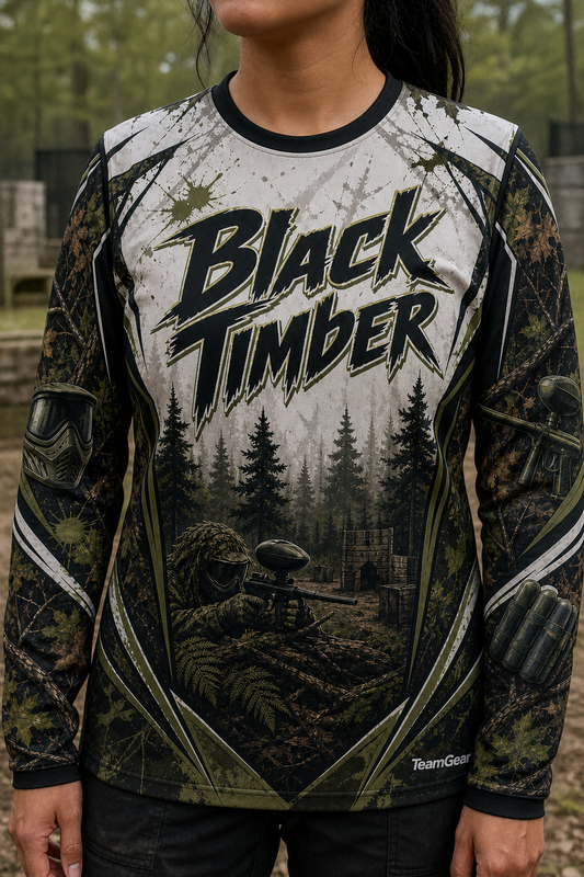 Black Timber White Long Sleeve Paintball Jersey — custom paintball jersey worn on model — TeamGear Canada