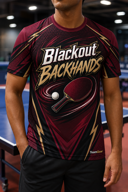 Blackout Backhands Maroon Table Tennis Jersey — custom table tennis jersey worn on model — TeamGear Canada