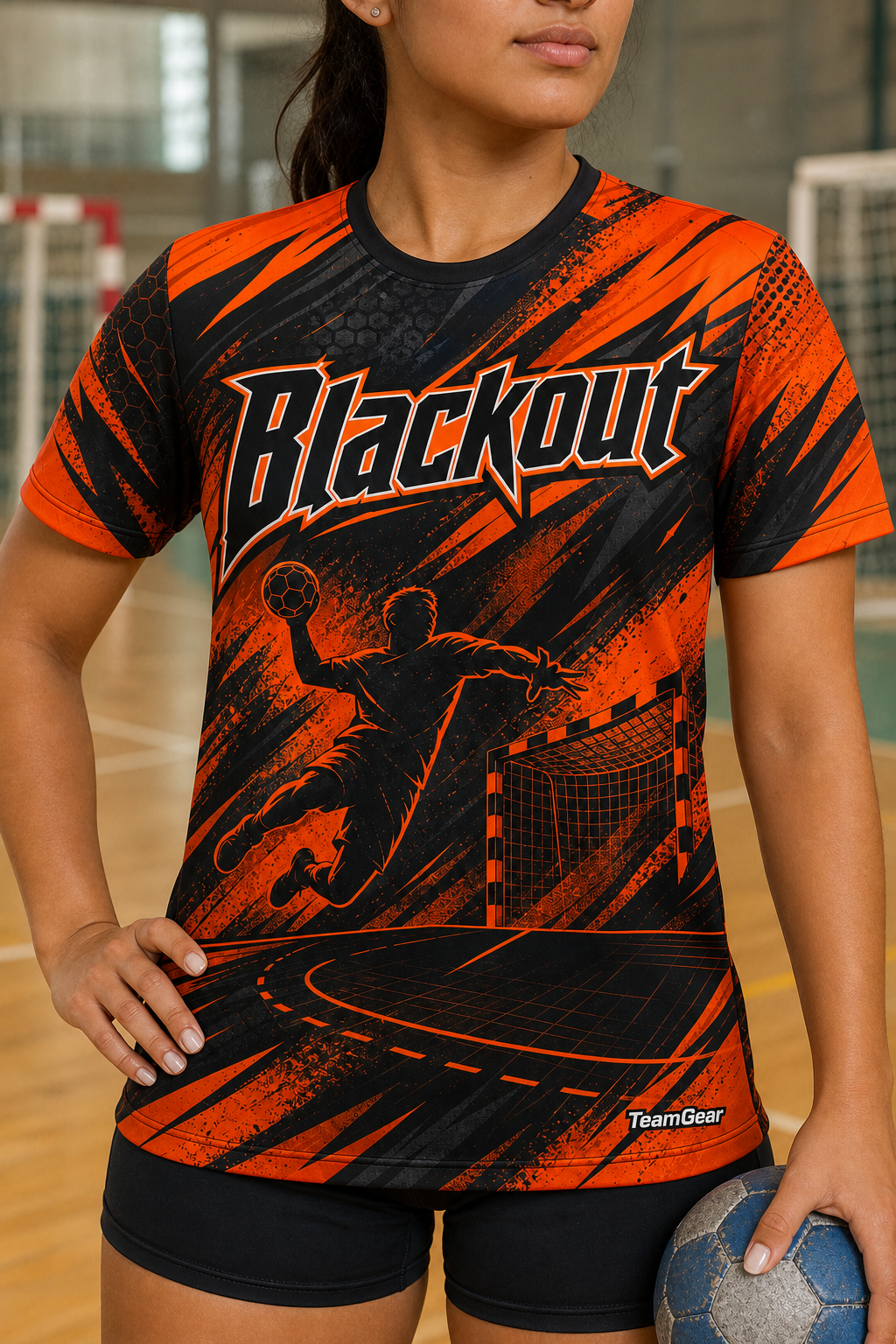 Blackout Orange Handball Jersey — custom handball jersey worn on model — TeamGear Canada