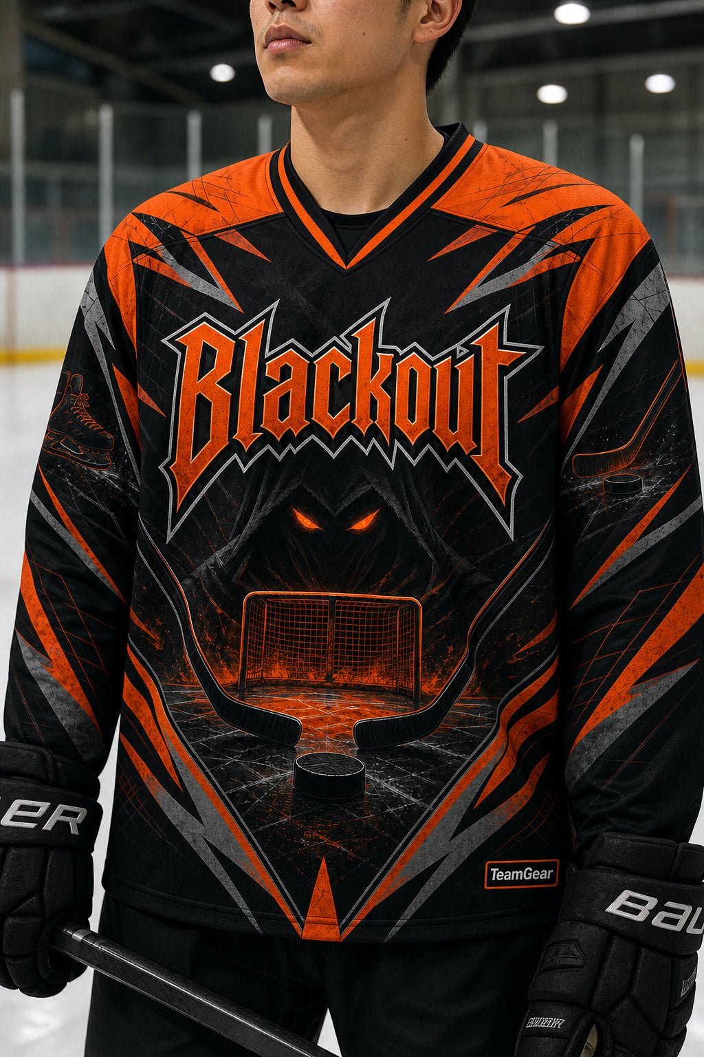 Blackout Orange Hockey Jersey — custom hockey jersey worn on model — TeamGear Canada