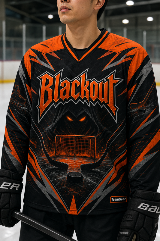 Blackout Orange Hockey Jersey — custom hockey jersey worn on model — TeamGear Canada