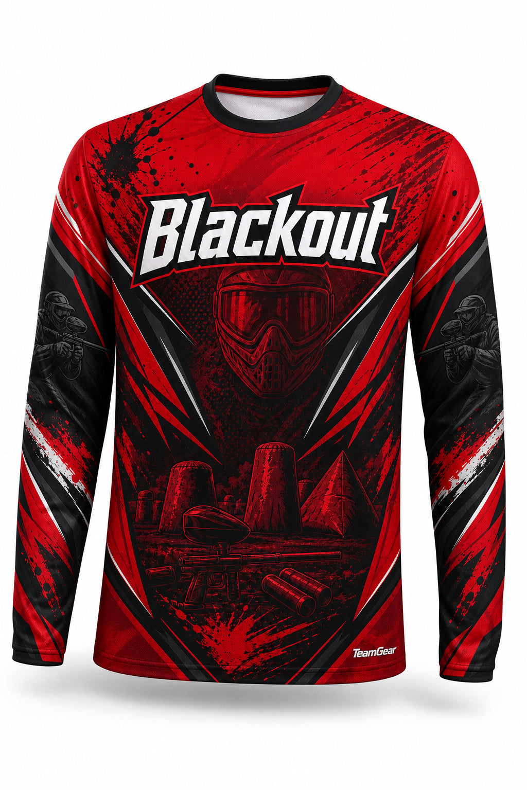 Blackout Red Long Sleeve Paintball Jersey - front and back view