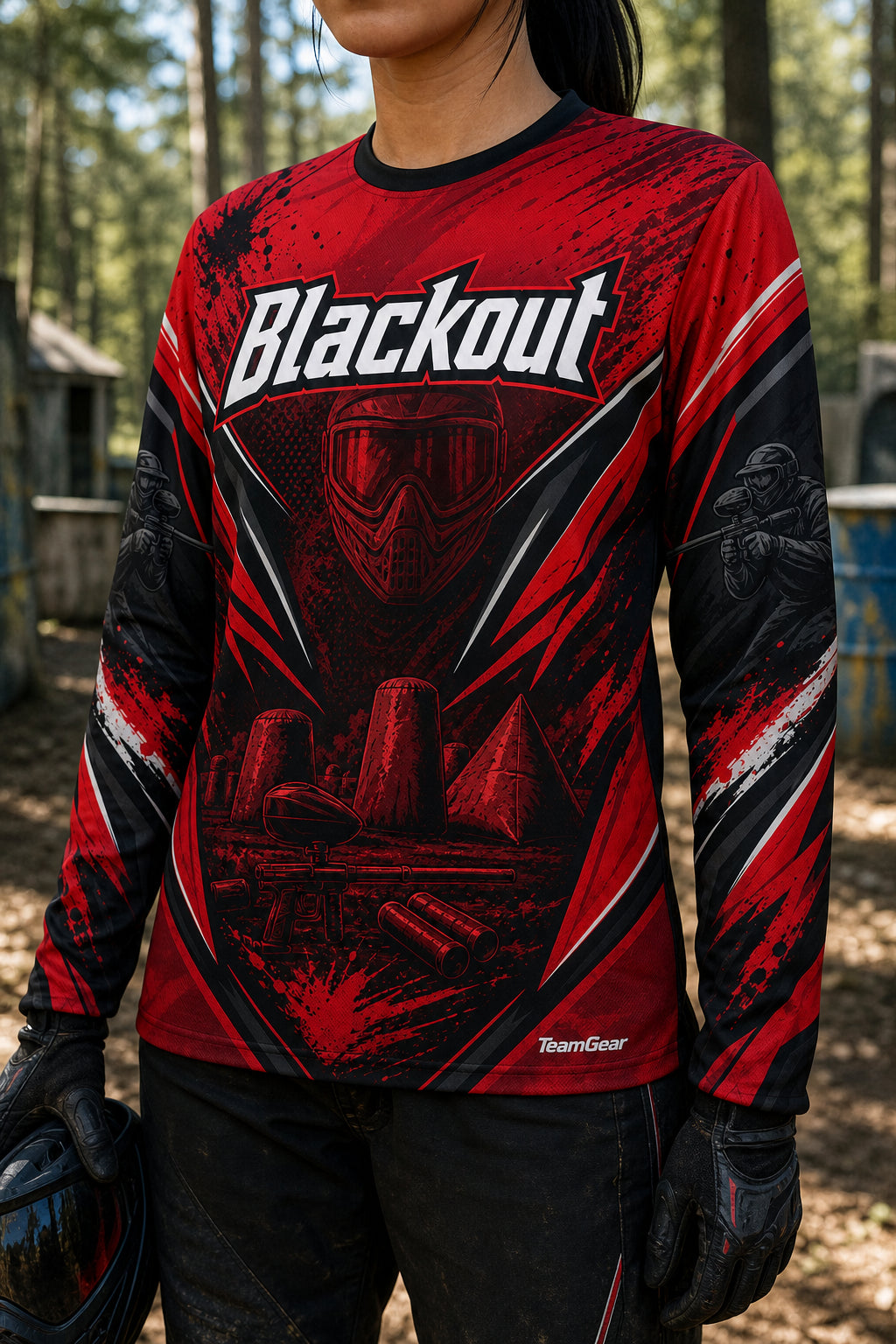 Blackout Red Long Sleeve Paintball Jersey — custom paintball jersey worn on model — TeamGear Canada