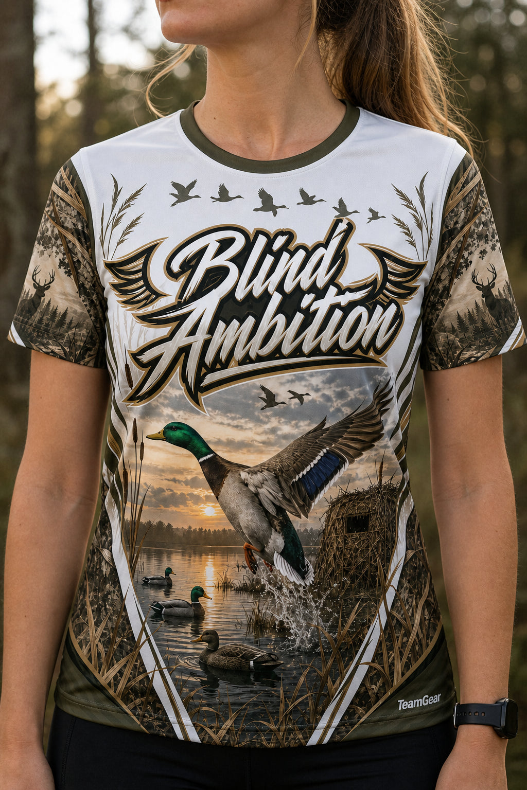 Blind Ambition White Hunting Jersey — custom hunting jersey worn on model — TeamGear Canada