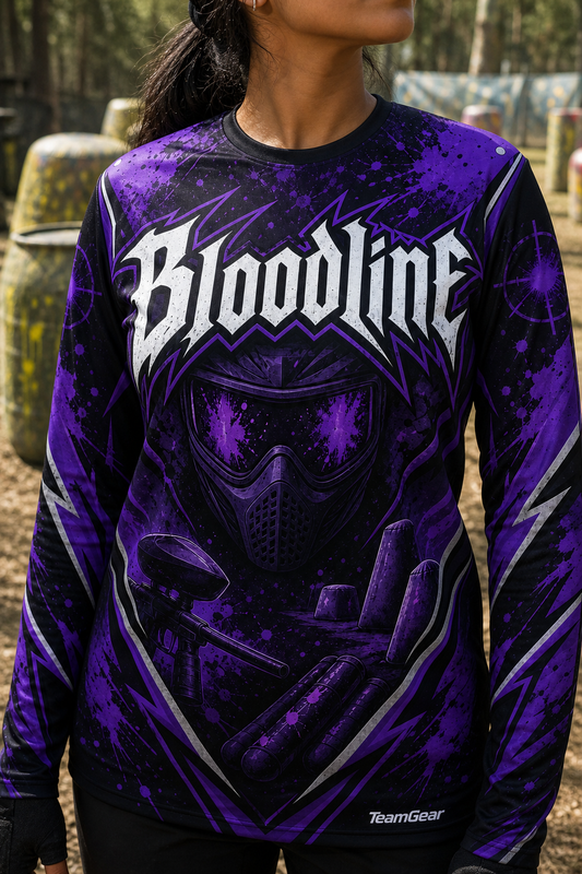 Bloodline Purple Long Sleeve Paintball Jersey — custom paintball jersey worn on model — TeamGear Canada