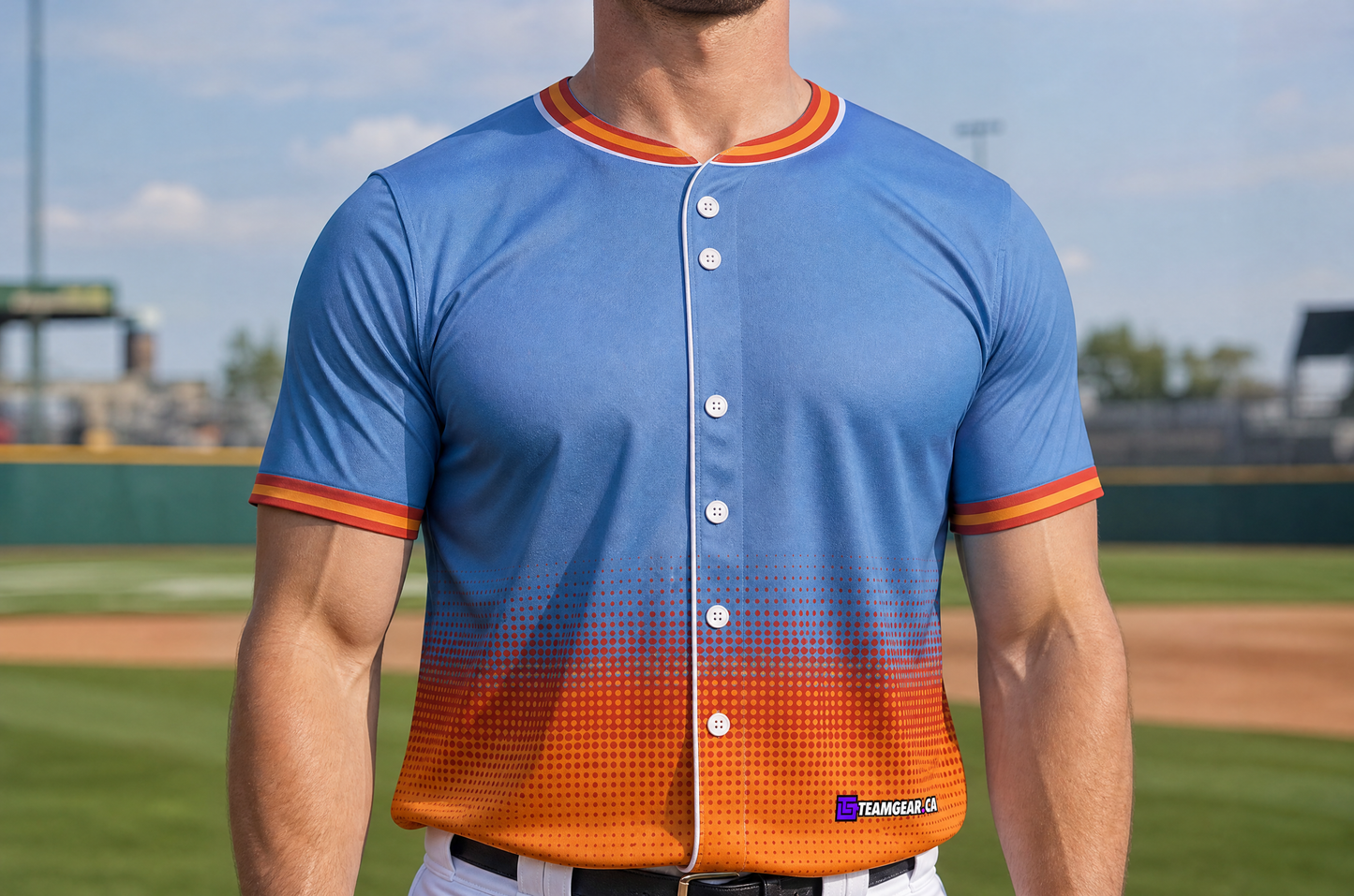 Blue and Orange Sunset Baseball Jersey Full Button — custom baseball jersey worn on model — TeamGear Canada