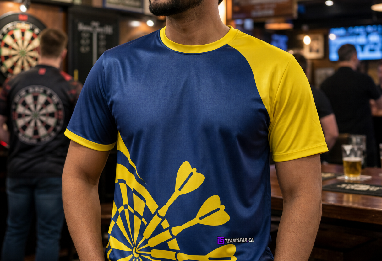 Blue and Yellow Darts Jersey — custom darts jersey worn on model — TeamGear Canada