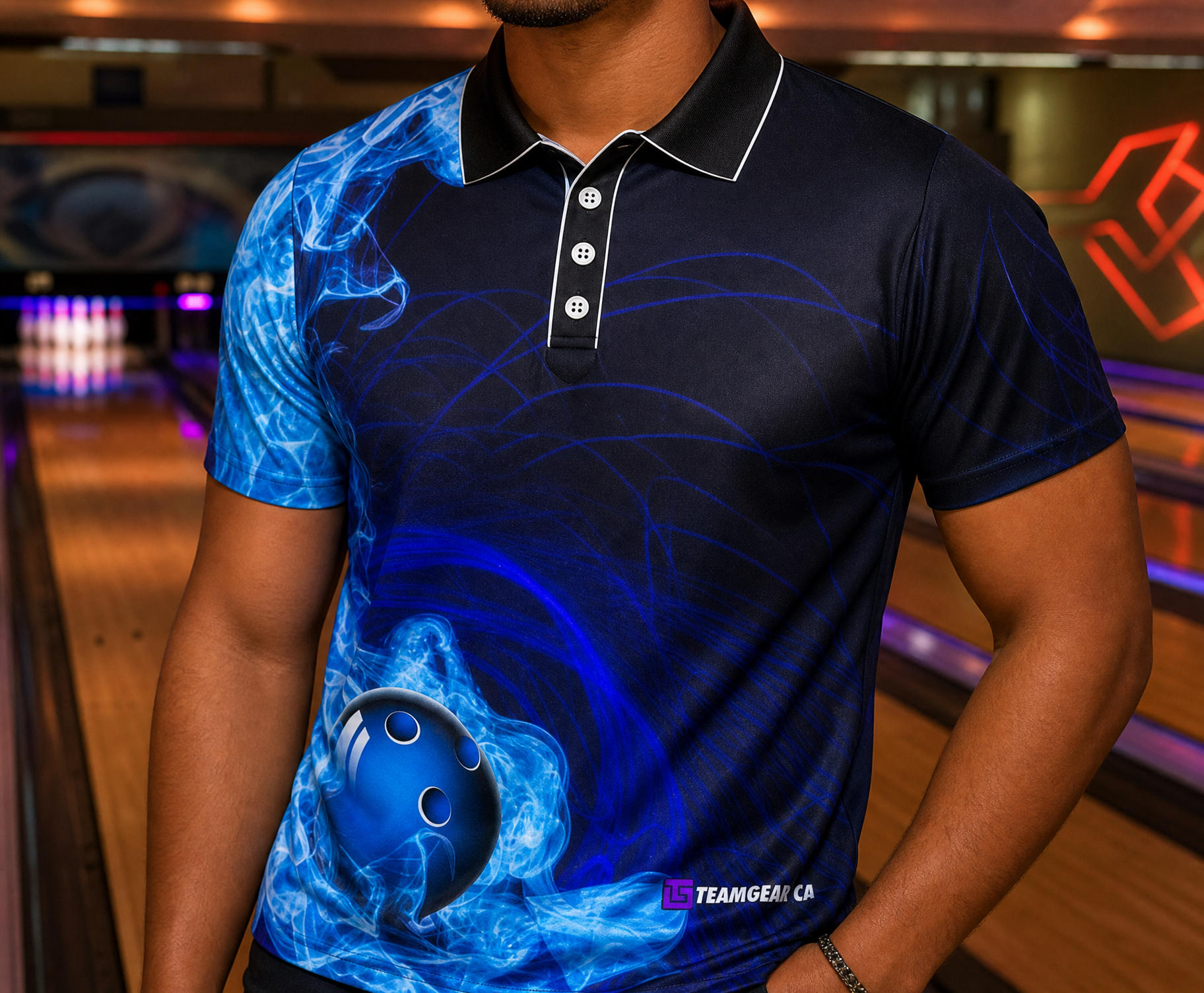 Blue Beer League Bowling Jersey — custom bowling jersey worn on model — TeamGear Canada